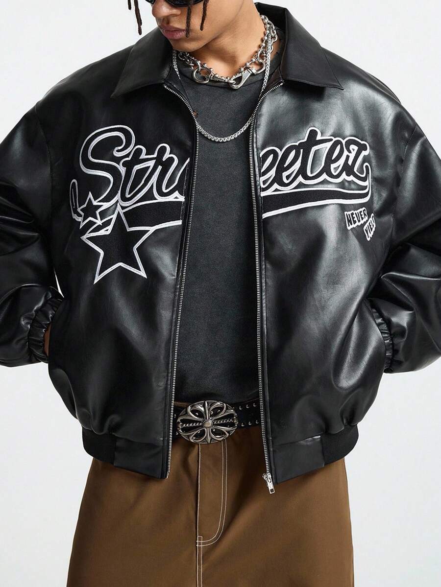 AXEPEAK Plus Size Men's Long Sleeve Casual Fashion Street Hooded PU Leather Jacket With Letter & Star Embroidery, Loose Fit Zip-Up, Autumn, For Fall Winter