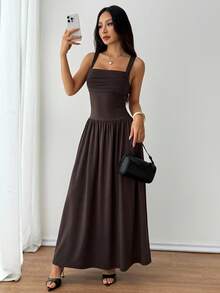 SHEIN PETITE 女式优雅纯色棕色咖啡色方领喇叭连衣裙，春夏 - 棕色 - 查看 9