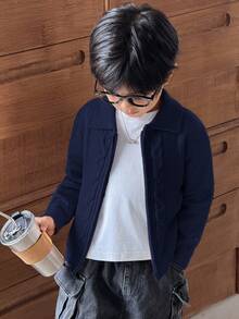 SHEIN 男童休闲扭花前拉链针织开衫 - 藏蓝色 - 查看 4