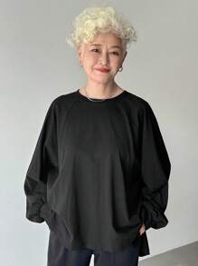 FRIFUL Damen Schwarzes einfarbiges Raglan-Ärmel Loose Lässig vielseitiges Rücken-Knopf-Dekor T-Shirt, Herbst Langarm-Top - Schwarz - Übersicht 3