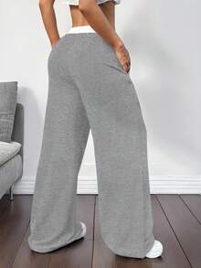 SHEIN Nastolatki dziewczęce szare patchworkowe paski ściągacze luźne szerokie nogawki vintage sportowe college styl casualowe spodnie dresowe