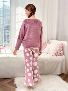 SHEIN 2 件套 Tween Girl 卡通刺绣圆领长袖上衣和云朵图案柔软法兰绒睡裤套装，秋冬季舒适家居服 - 藕粉色 - 查看 4