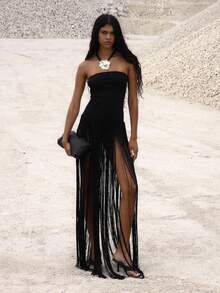 MUSERA Fringe Detail Strapless Bandage Bandeau Maxi Dress Night Out Occasion Elegant Fall Western Autumn Rapture - Black - View 5