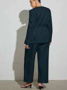 Aveloria Modichic 优雅长袖西装外套搭配直筒阔腿西装裤，办公室穿着 - 綠色 - 查看 2