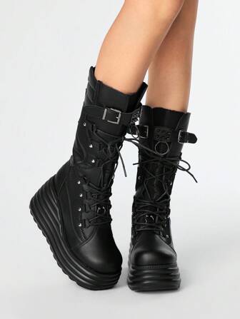 Grunge Punk Botas de plataforma de cuña con panel de malla negra para mujer, de estilo gótico oscuro, casual, con tachuelas, para Halloween