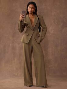 SHEIN BAE 1 套时尚纯色深 V 单排扣修身西装外套和高腰直筒西装裤 - 摩卡棕 - 查看 3