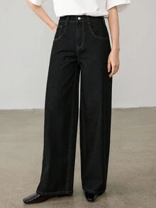 Dazy-Less 女士宽松休闲商务复古水洗纯色直筒牛仔裤，适合秋冬季 - 黑色 - 查看 3