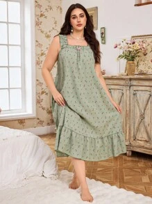 CottageSlumber Váy ngủ Maxi không tay họa tiết hoa nhỏ lãng mạn cỡ lớn, viền bèo nhún, váy ngủ màu xanh lá cây lộng lẫy, váy ngủ mặc ở nhà cho nữ, váy ngủ họa tiết hoa, váy ngủ nữ, váy ngủ mặc ở nhà cho nữ, váy ngủ màu xanh lá cây - Nhiều màu - Xem 4
