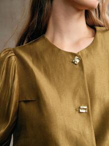 EMERY ROSE 女士优雅通勤纯色泡泡袖长袖衬衫 - 芥末黃 - 查看 7