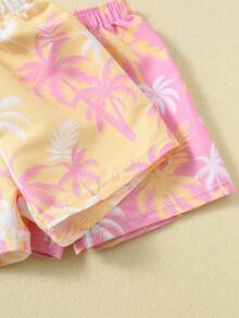 SHEIN 2pcs Baby Boy Coconut Tree Pattern Decorated Elastic Waist Casual Shorts Set