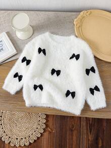 Emery Rose Kids Emery Rose Kids Dziewczęcy sweter w jednolitym kolorze ze stójką i kokardą 3D - Biały - Zobacz 5