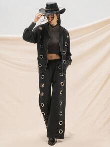 Easelle Women's Vintage Black Autumn Streetwear Everyday Fashion Western Style Grommet Sweatshirt & Pants Set,Wash Water Metal Eyelets Hoodies Fall Winter - Black - View 5