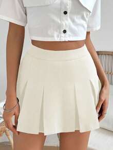 SHEIN PariChic Women's Collegiate Style Solid Color Pleated Mini Skirt - Apricot - View 3