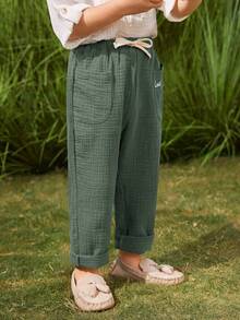 SHEIN 男童休闲百搭字母刺绣裤 - 綠色 - 查看 2