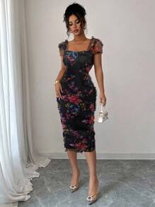 Elenzga Elegancka, romantyczna sukienka damska z siateczki z nadrukiem i marszczeniami w talii o średniej długości, odpowiednia na sezon ślubny, imprezy, randki, nieformalne wyjścia i nie tylko - Czarne - Zobacz 6