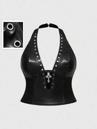 Grunge Punk Camiseta y top sin mangas de diseño de ojales metálicos punk, con escote profundo en V y cruzado, de piel sintética, de talla grande y ajustado al Body