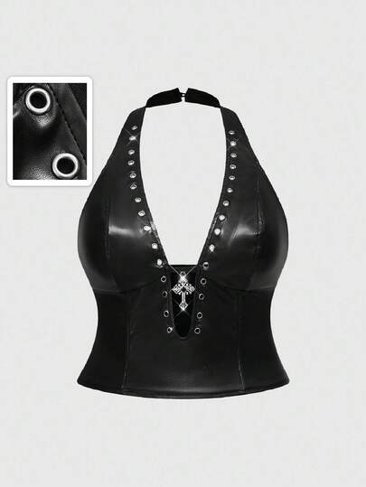 Grunge Punk Canottiera e top da donna in stile punk con design a grommet metallici, scollo a V profondo, pendente a croce e vestibilità aderente in ecopelle, taglie comode