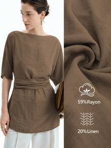 Aalyst 女士亚麻度假风格海滩风船领宽松 A 字腰系带长衬衫，适合休闲、通勤、春夏季 - 咖啡棕 - 查看 3