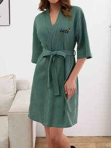 EURMUSE Women Waffle Fabric With Contrast Colour Love Embroidery Detail Homewear Robe - Mint Green - View 5