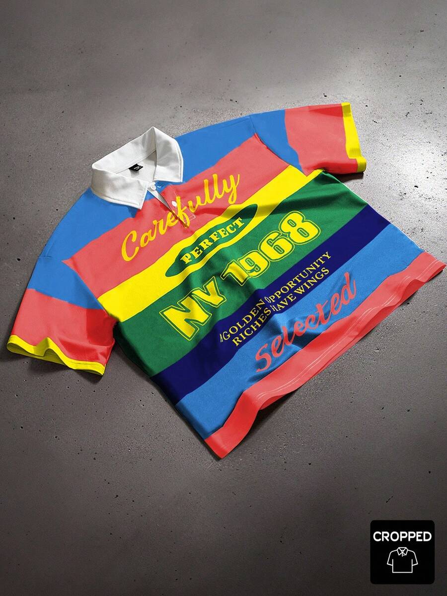 PAVTROS 男士短款时尚Polo T恤，宽松短款款式，融入嘻哈文化元素的年轻街头风格，适合年轻人展现独特的街头时尚 - 彩色 - 查看 1