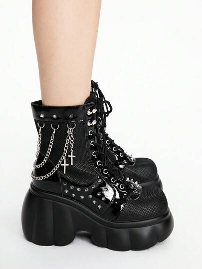Grunge Punk Women's Black Round Toe Wedge Platform Goth Punk Dark Style Rivet Chain Cross Buckle Fashion Ankle Boots