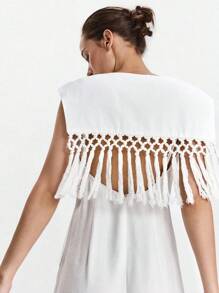 Lumivelle Váy không tay cổ chữ U có tua rua trang trí phía sau dành cho nữ - trắng - Xem 1