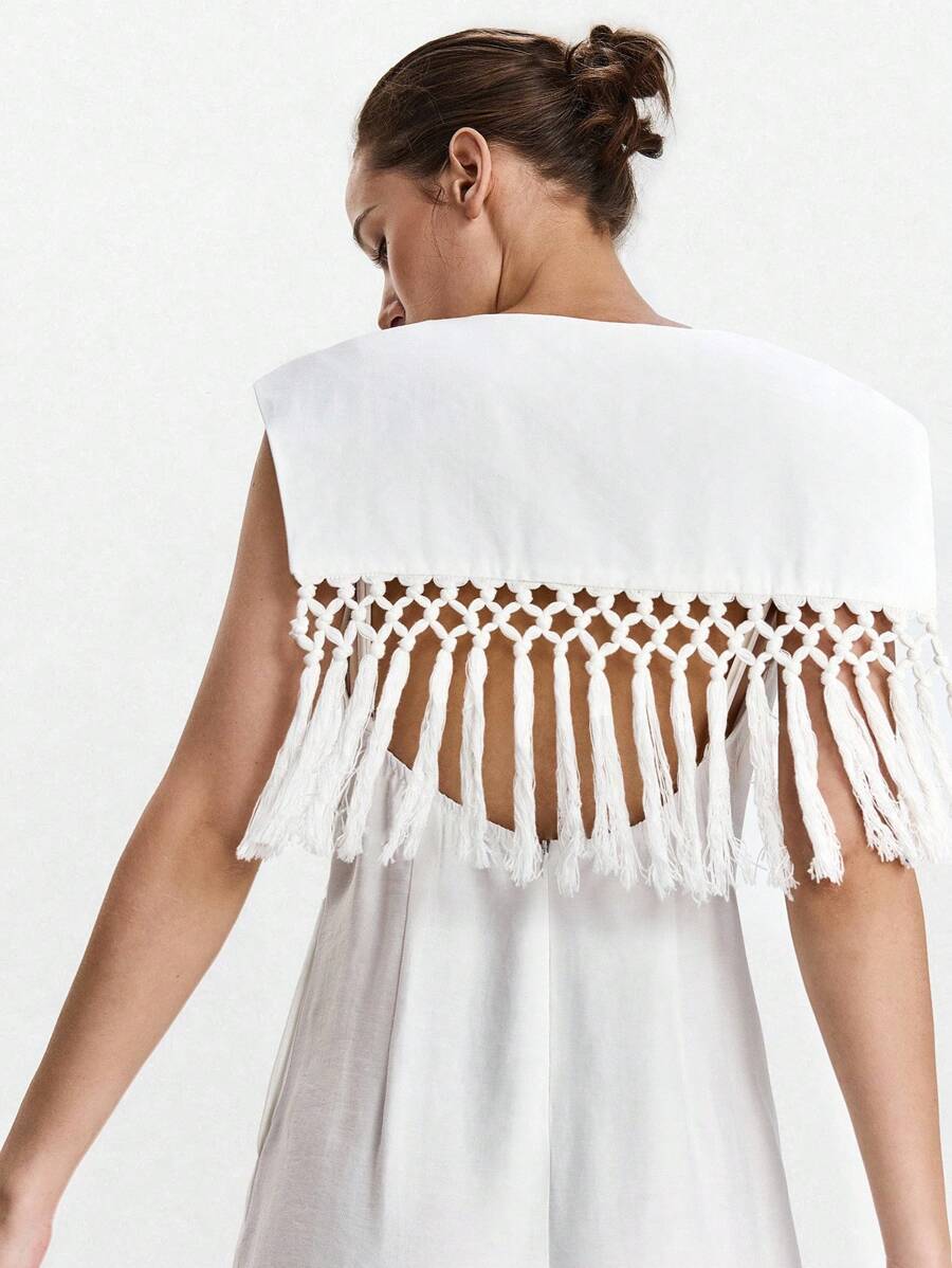 Lumivelle Váy không tay cổ chữ U có tua rua trang trí phía sau dành cho nữ - trắng - Xem 1