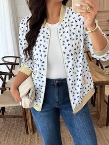 Weeklong Jaket Ukuran Besar Warna Putih dengan Motif Hati Biru dan Kantong Resleting, Gaya Kasual untuk Wanita Musim Gugur dan Musim Dingin - MultiWarna - View 1
