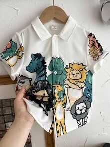 SHEIN Leap Crew Young Boy Casual Cute Pattern Short Sleeve Shirt - Pink - View 4