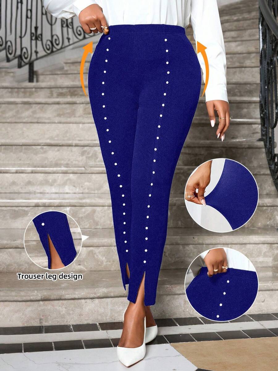 SHEIN Lady Quần legging cạp cao thanh lịch màu đen dệt kim dài xẻ hạt cỡ lớn dành cho nữ mặc đi nhà thờ mùa thu đông - Xanh đậm - Xem 1