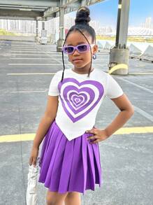 SLAYR KIDS Tween Girl Heart Print Short Sleeve Top And Pleated Skirt 2 Pieces Set - Purple - View 4