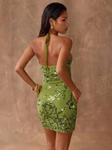 SHEIN BAE Đầm ôm sát bodycon cổ yếm thêu sequin mùa hè cho nữ, Đầm thanh lịch - màu xanh lá - Xem 2