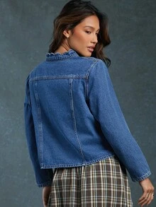 WESTFADE Collared Button Front Scalloped Pocket Long Sleeve Premium 90% Cotton Denim Jacket, Cute Fall Back To School, Casual, Autumn, Winter, Boho, Western Wear For Women, Country Concert - Light Wash - View 3