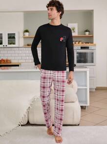 RueChic Men Plaid Printed Puzzle Printed Cotton Valentine's Day Couple Regular Homewear Set