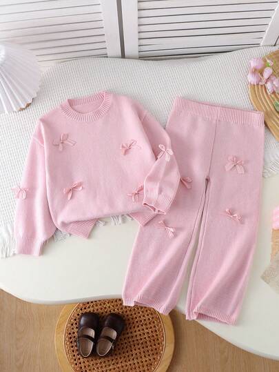 SHEIN Playful Pals 2pcs/Set Girls' Solid Color Minimalist Bow Knit Sweater Set Girls Sweater Sets Girls Pink Two Piece Set Girl Knit Set Girls Comfy Set Girls Bow Knit Set Winter Young Girls Sets Toddler Girls Sweater Young Girls Fall Outfits Young Girls Winter Clothes Kids Fall Clothes Girls Craft Sweater