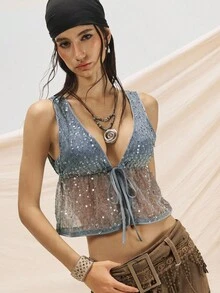 Easelle Áo không tay nữ màu nâu da lộn kiểu vintage, chất liệu sequin xám, phong cách du mục, thích hợp mặc mùa thu đông. - màu nâu - Xem 3