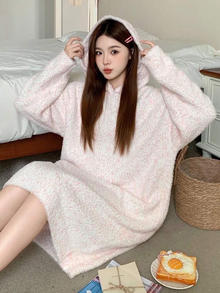 Women's Soft Floral Knit Hooded Loose Casual Lounge Dress, Winter, Fall Pajama