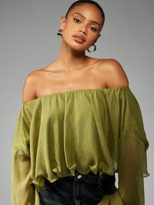 MISSGUIDED Off Shoulder Shimmering Blouse Long Bell Sleeve Elastic Top Olive Green Metallic Party Evening Club Occasion Wear Fall Winter Elegant Draped Silhouette Christmas - Green - View 4