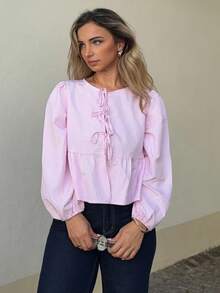 Jeta Ari 女式条纹系带下摆长袖圆领衬衫、长袖上衣 - 粉色 - 查看 4