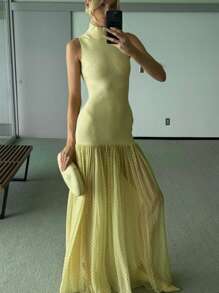 Opulessa Damen Maxikleid aus Strick mit Polka Dot Muster, Patchwork, Stehkragen und ärmellos