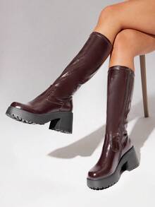 Solezae 女式舒适弹力材质厚底及膝靴 - 棕色 - 查看 4