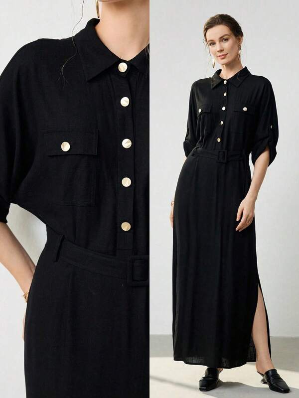 Uhlyne Vestido-camisa de manga larga con botón metálico de una sola hilera, estilo francés, de lino, ideal para el día a día y vacaciones, de corte casual para mujer, nuevo para el otoño