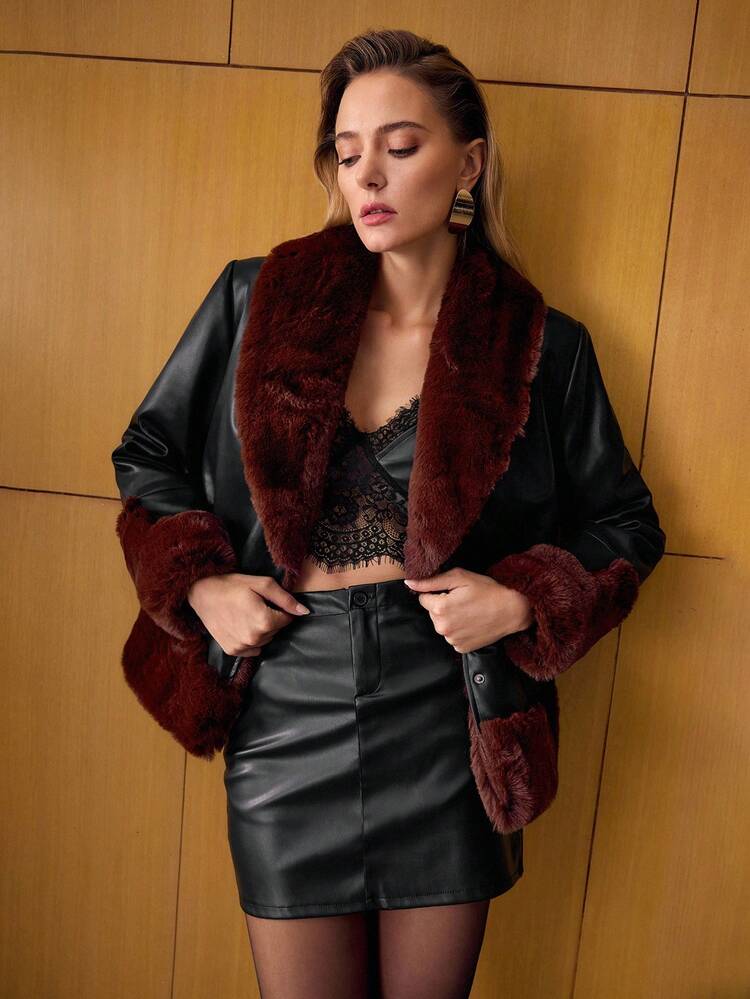 PU LEATHER CONTRAST FUZZY PANEL SHAWL COLLAR BELTED COAT , FALL WINTER