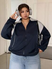 Dazy Plus Color Block Collar Zip Up Loose Fit Plus Size Women Sports Casual Jacket Fall/Winter