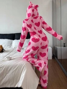 Eraneu Heart Print Hooded Long Sleeve Plush Fluffy Pajama Jumpsuit, Fall Winter, Cozy - Pink - View 4