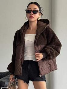 DAZY Women's Autumn/Winter Patchwork Houndstooth Short Lamb Wool Padded Coat Jacket - Brown - View 3