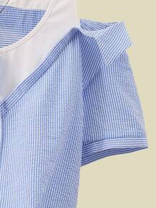 SHEIN Franclia 大码条纹拼布口袋二合一衬衫 - 藍色 - 查看 4