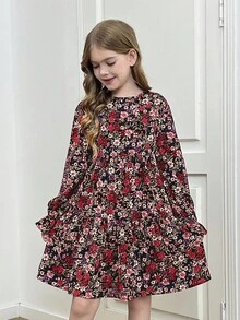 SHEIN Tween 女童碎花印花荷叶袖荷叶边下摆连衣裙 - 黑色 - 查看 8