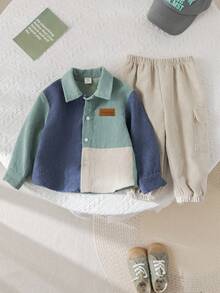 SHEIN 2pcs Baby Boy Corduroy Patchwork Jacket & Elastic Waist Pants Set, Autumn/Winter Fall - Multicolor - View 3