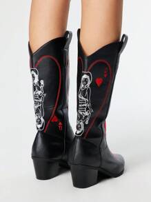 ROMWE Goth Women's Hollow Design Butterfly Wing Embroidery Western Boots, New Spring/Autumn Leather Thigh-High Boots - Black - View 5